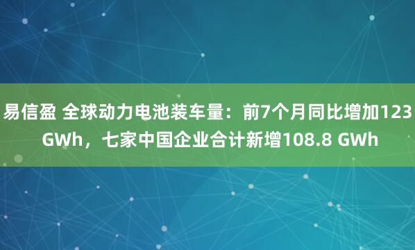 易信盈 全球动力电池装车量：前7个月同比增加123 GWh，七家中国企业合计新增108.8 GWh